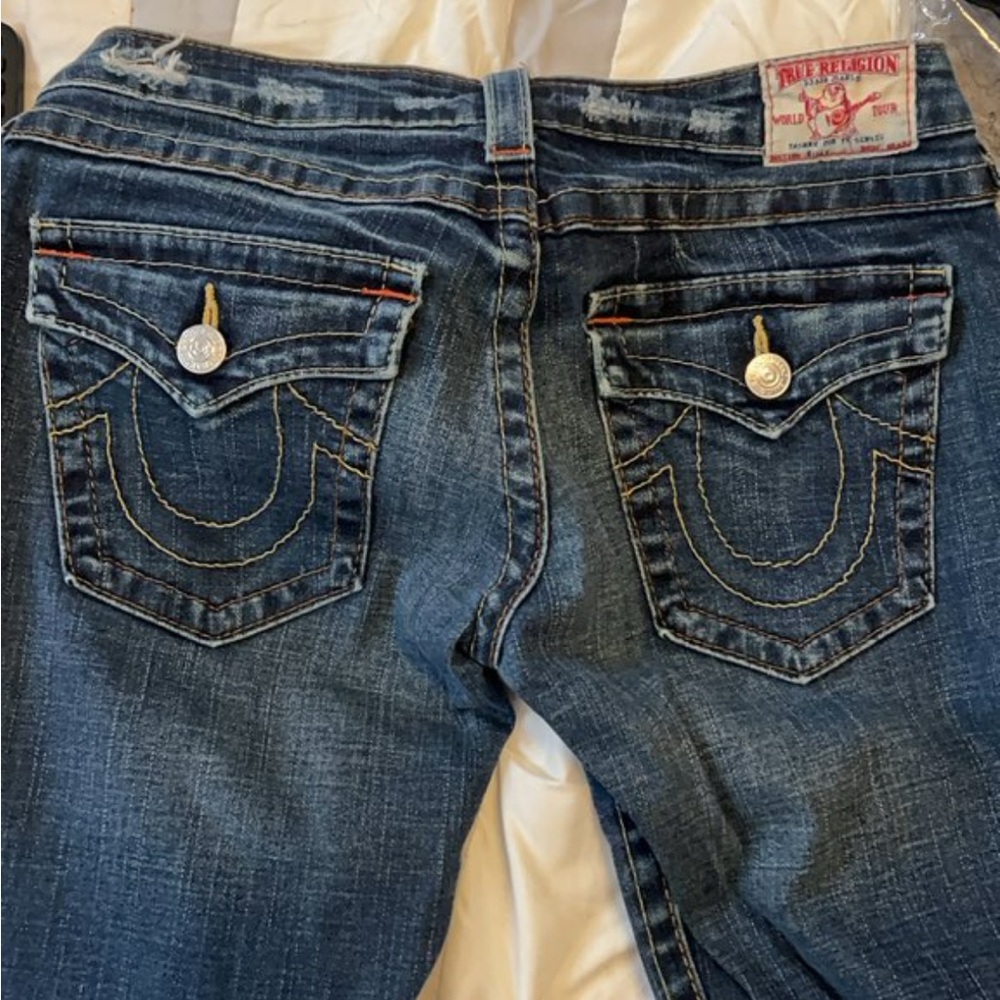 True Religion Women's Distressed Blue Boot Cut Jeans